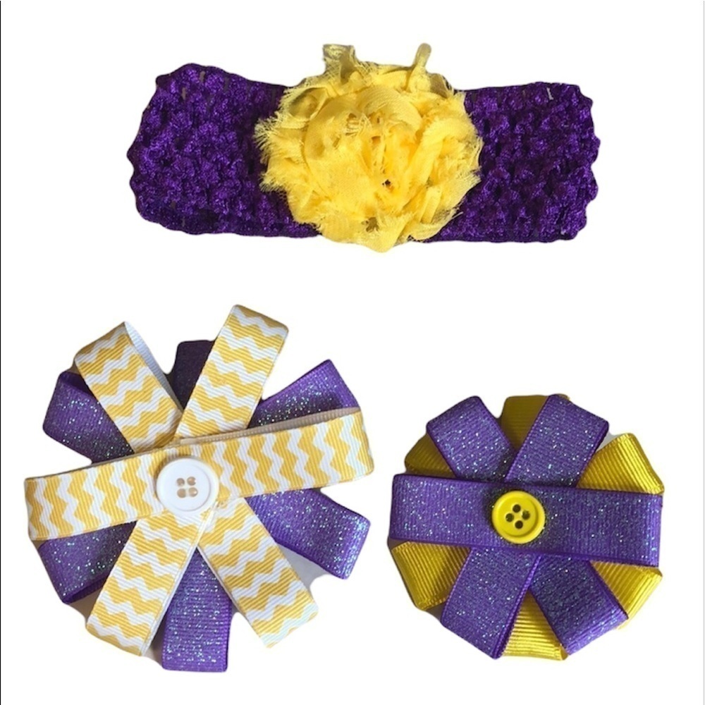 2/$15 Purple Yellow Hair Accessory Set Headband + Bow Clips LSU Colors Girls
